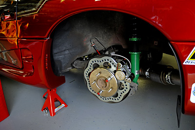 rear racing caliper and rotors on the NW3S 3000GT drag race car